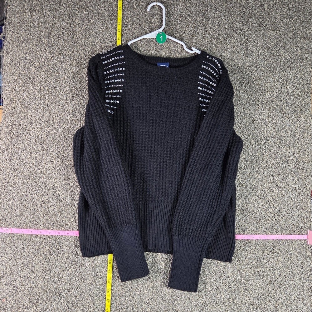 Scoop Waffle Knit Sweater Women L 12-14 Black Embellished Shoulder Pullover